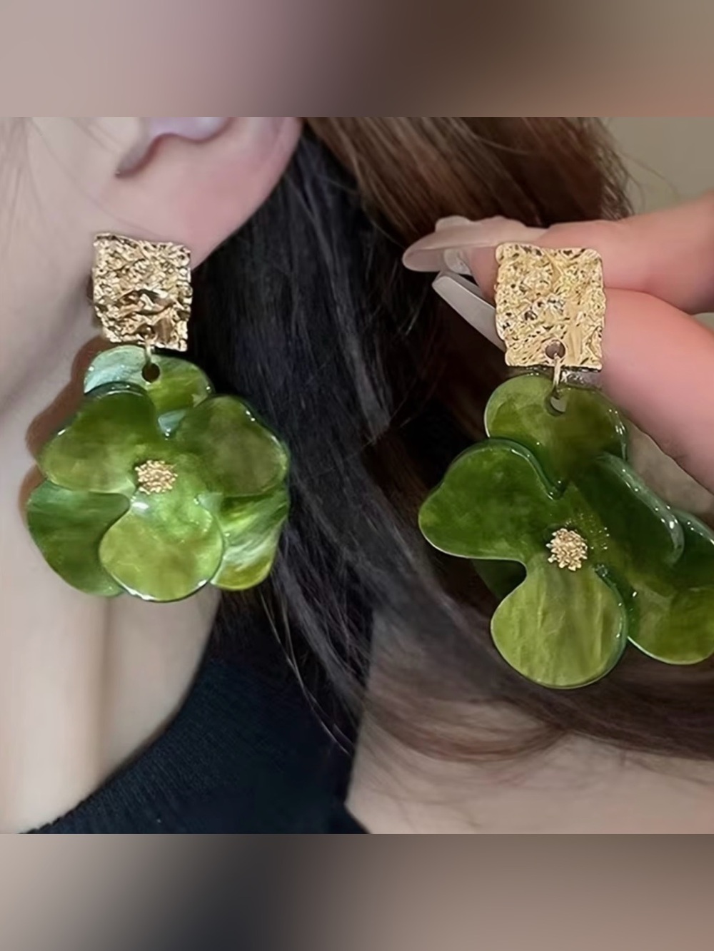 Gold-Trim Olive Green Floral Drop Earrings - Women Jewelry